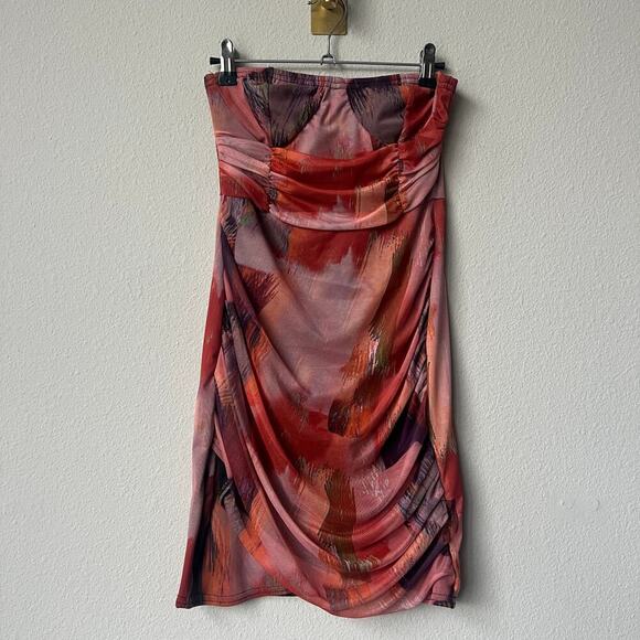 NWT PrettyLittleThing Orange Abstract Print Bandeau Bodycon Dress Size 6 - Picture 2 of 6